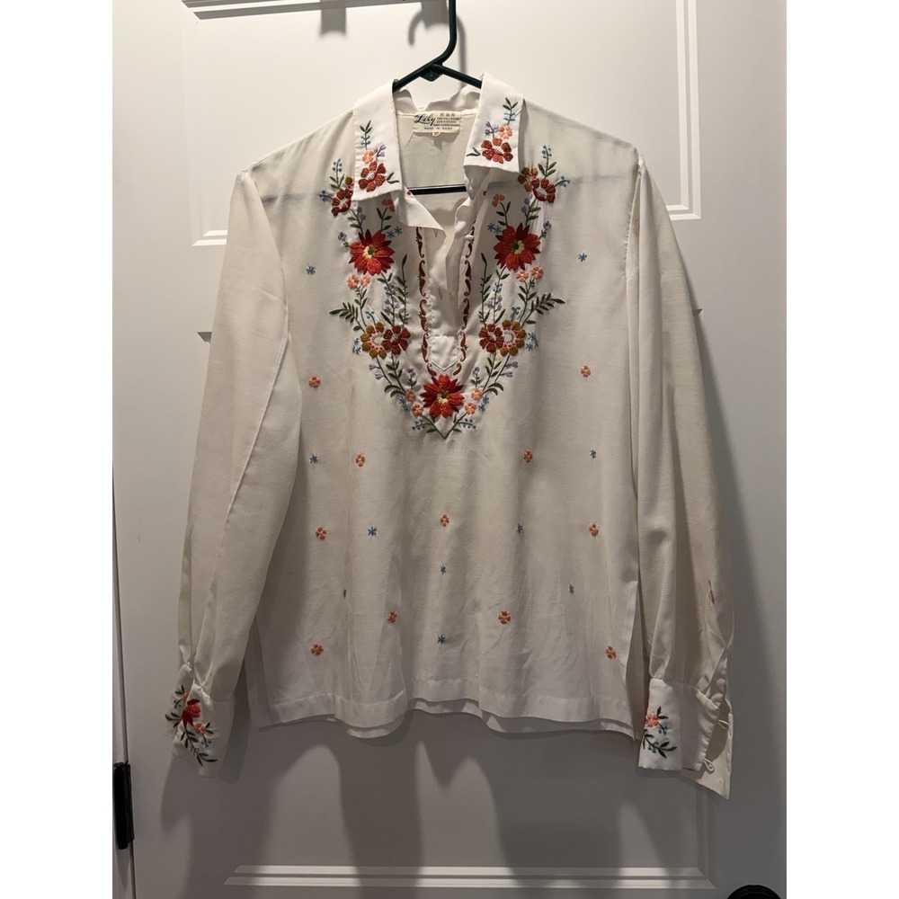 Vintage Lily 40 White Floral Hand Embroidered Shirt Boho Blouse Womens S M